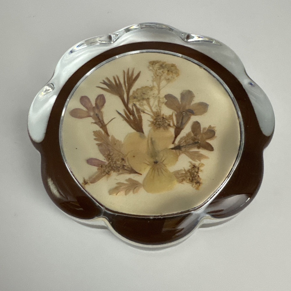 Vintage Dried Flower Glass Paperweight 3.5" Scalloped Edge Resin Floral